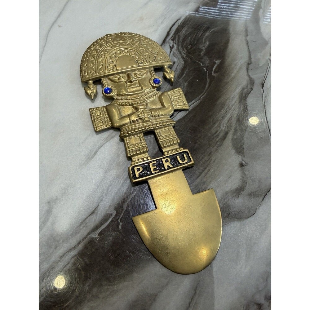 Vintage Brass Peruvian Tumi Sun God, Incan Ceremonial Knife Wall Decor - 11”